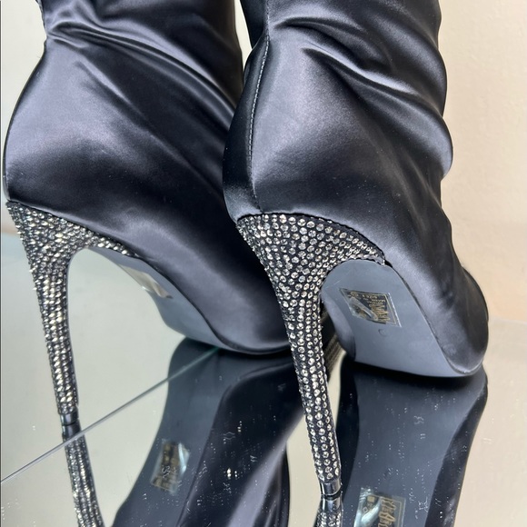 Black Satin Rhinestone Embellished Over the Knee Boots - Picture 9 of 12